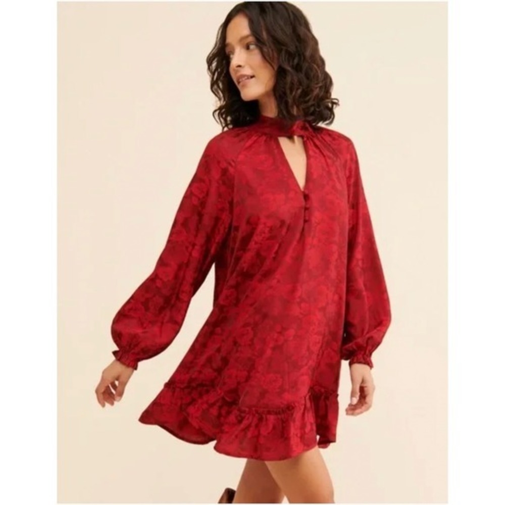 Anthropologie g. p. d.‎ Jacquard Tunic Mini Dress Sz M Red Floral Flutter Date